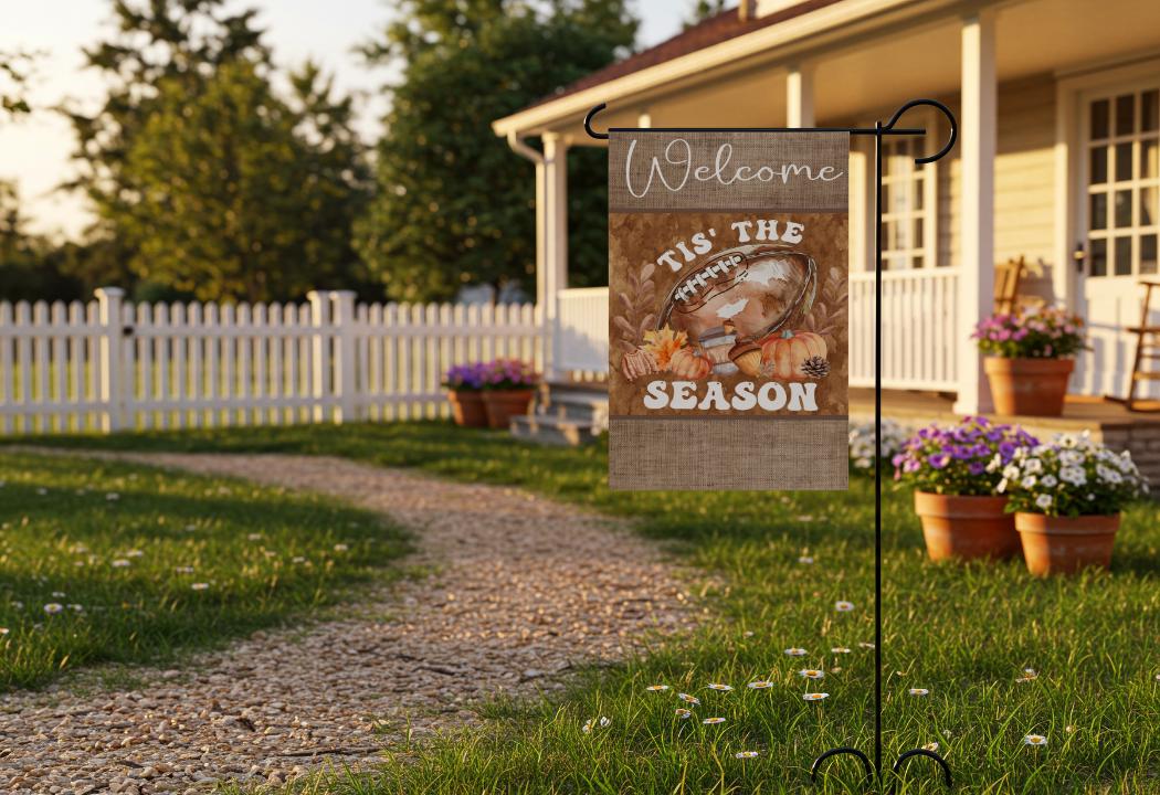 Autumn Garden Flag: Burlap-Style Football & Pumpkin Welcome Banner