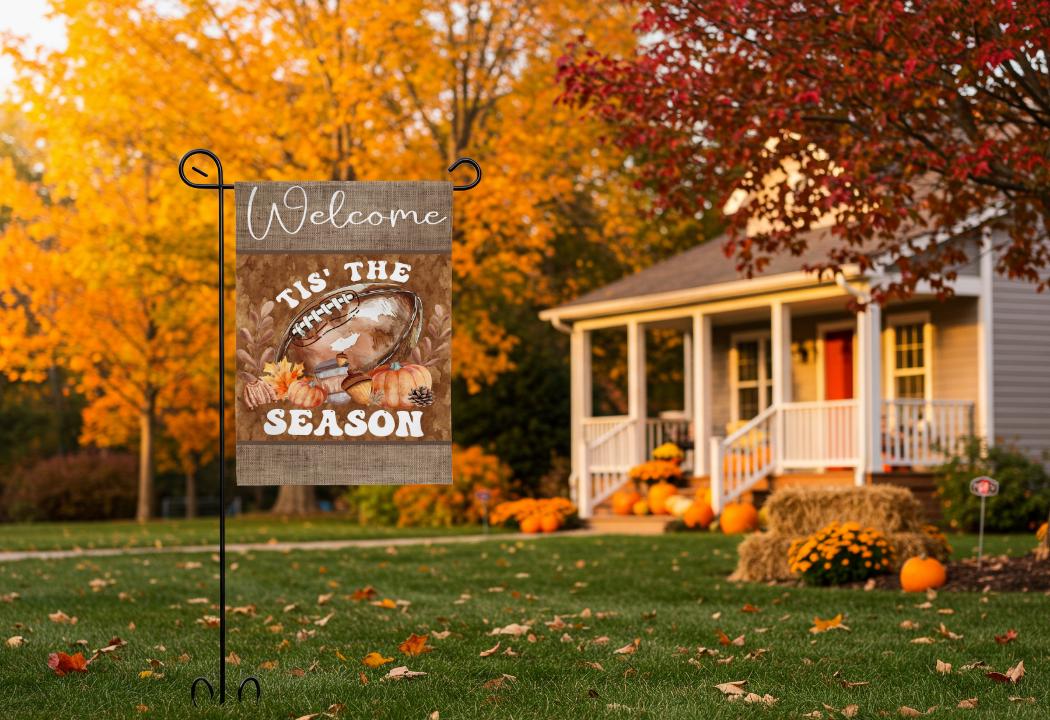Autumn Garden Flag: Burlap-Style Football & Pumpkin Welcome Banner
