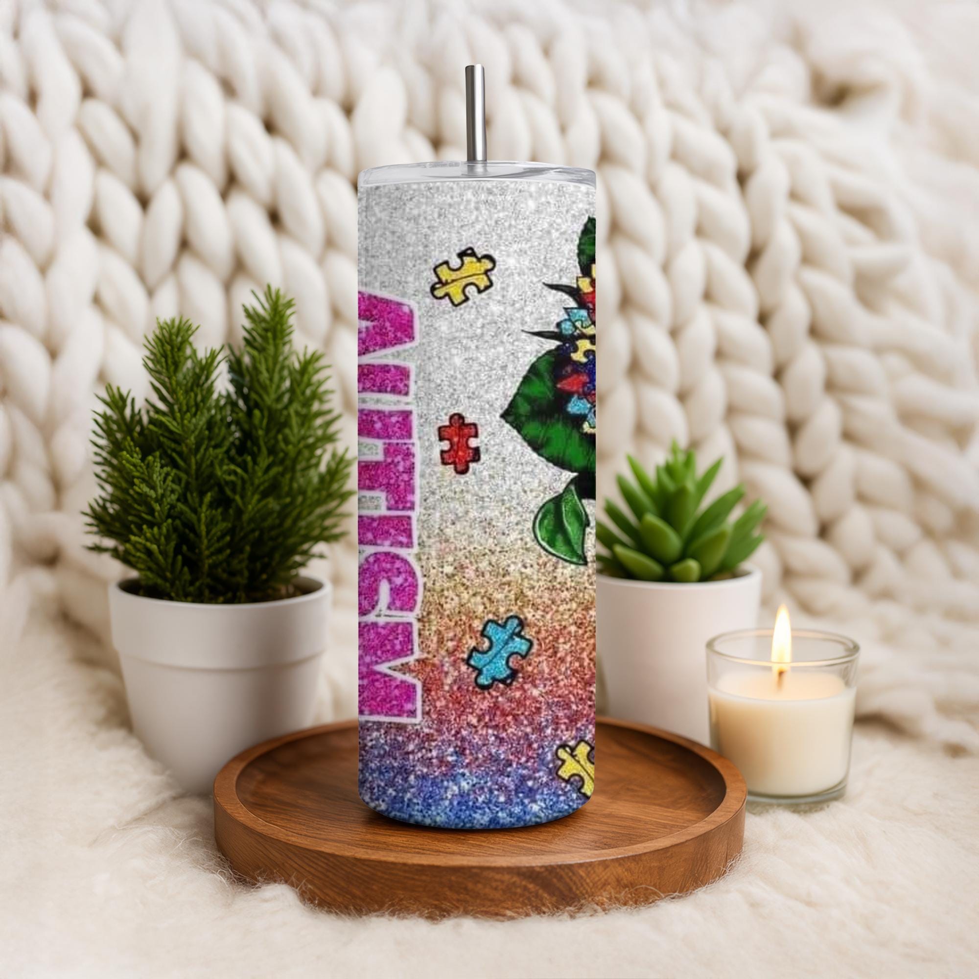 Autism Awareness Tumbler – Sunflower Puzzle Glitter Stainless Steel Mug