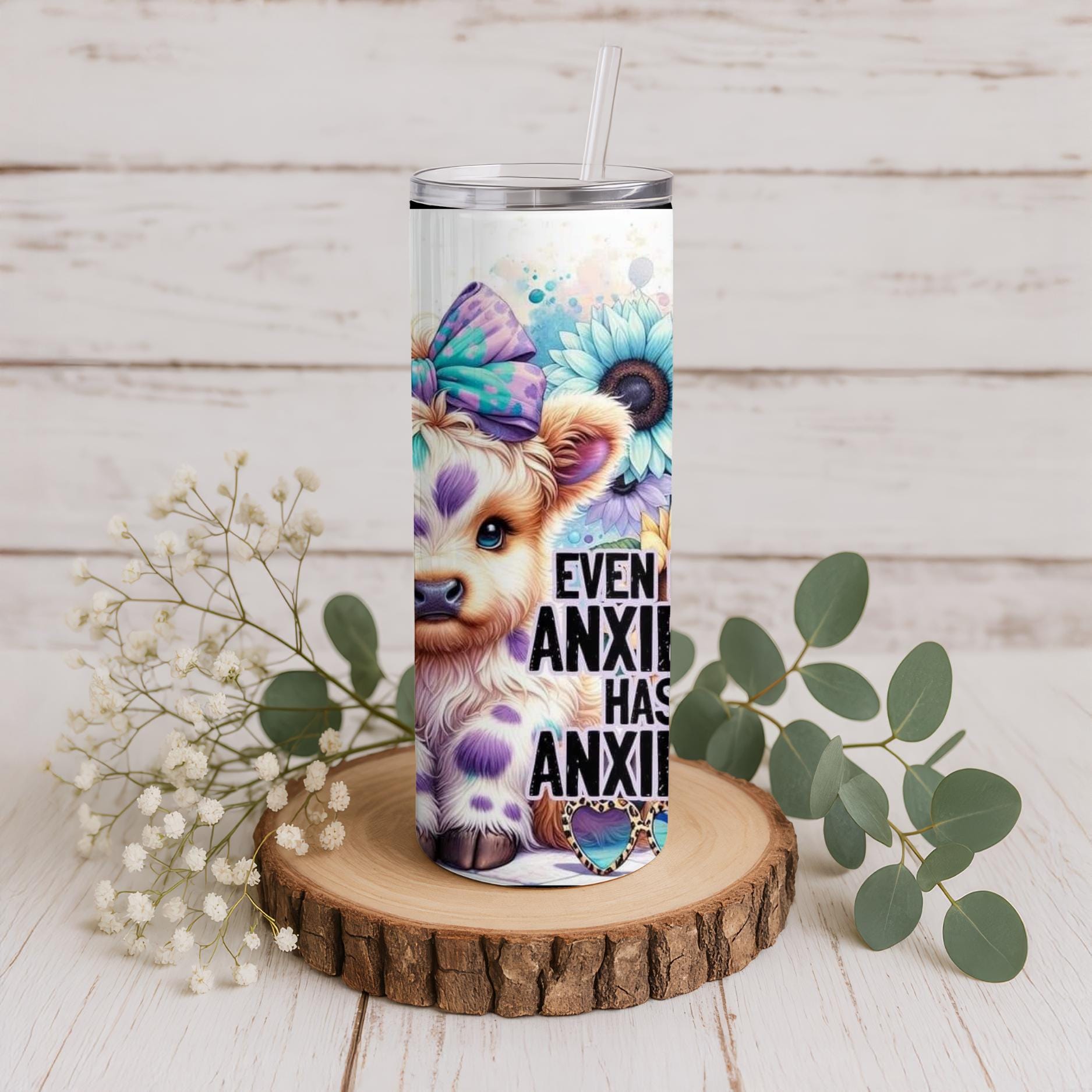 Anxiety Cow Tumbler: 20oz Insulated Stainless Steel Cup with Straw