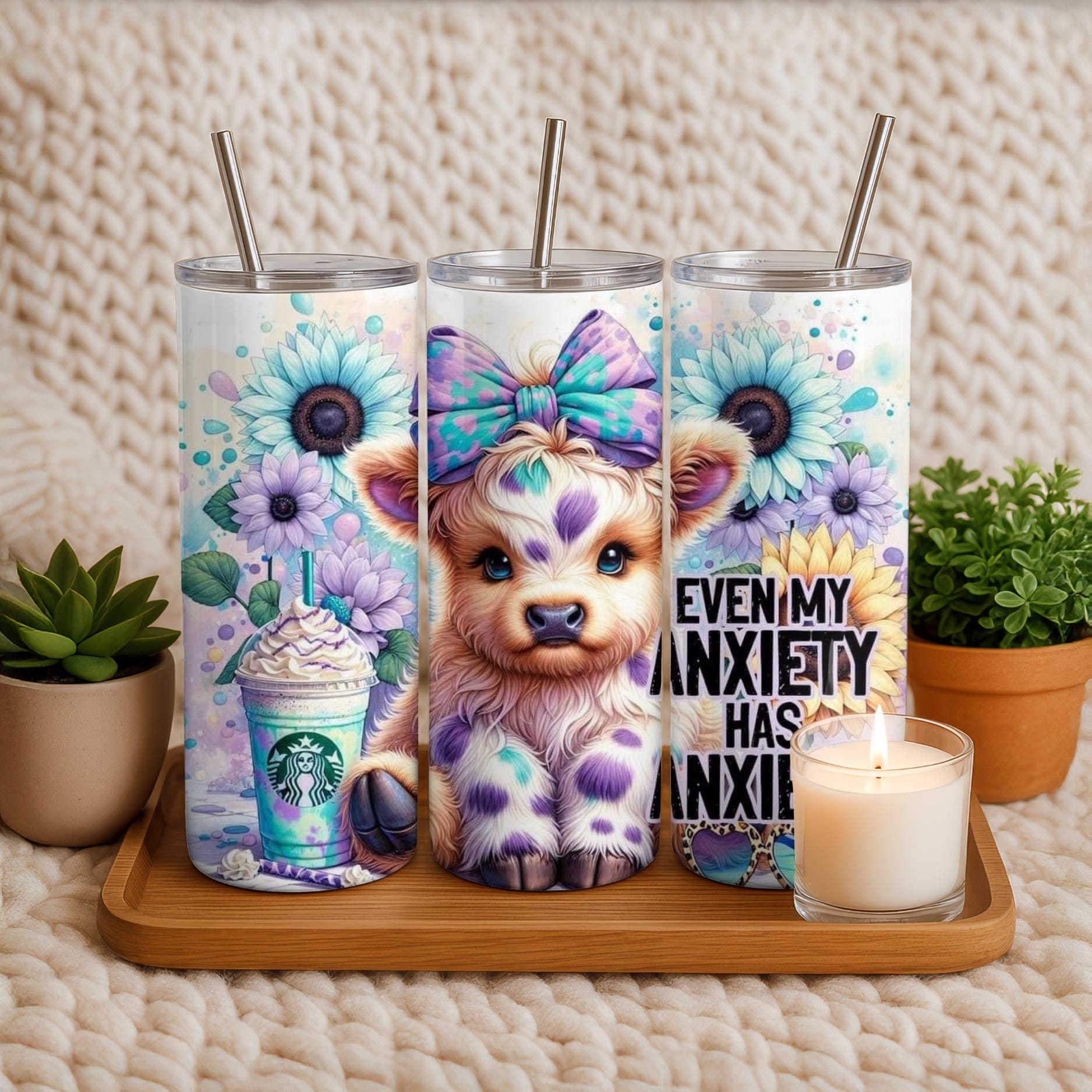 Anxiety Cow Tumbler: 20oz Insulated Stainless Steel Cup with Straw