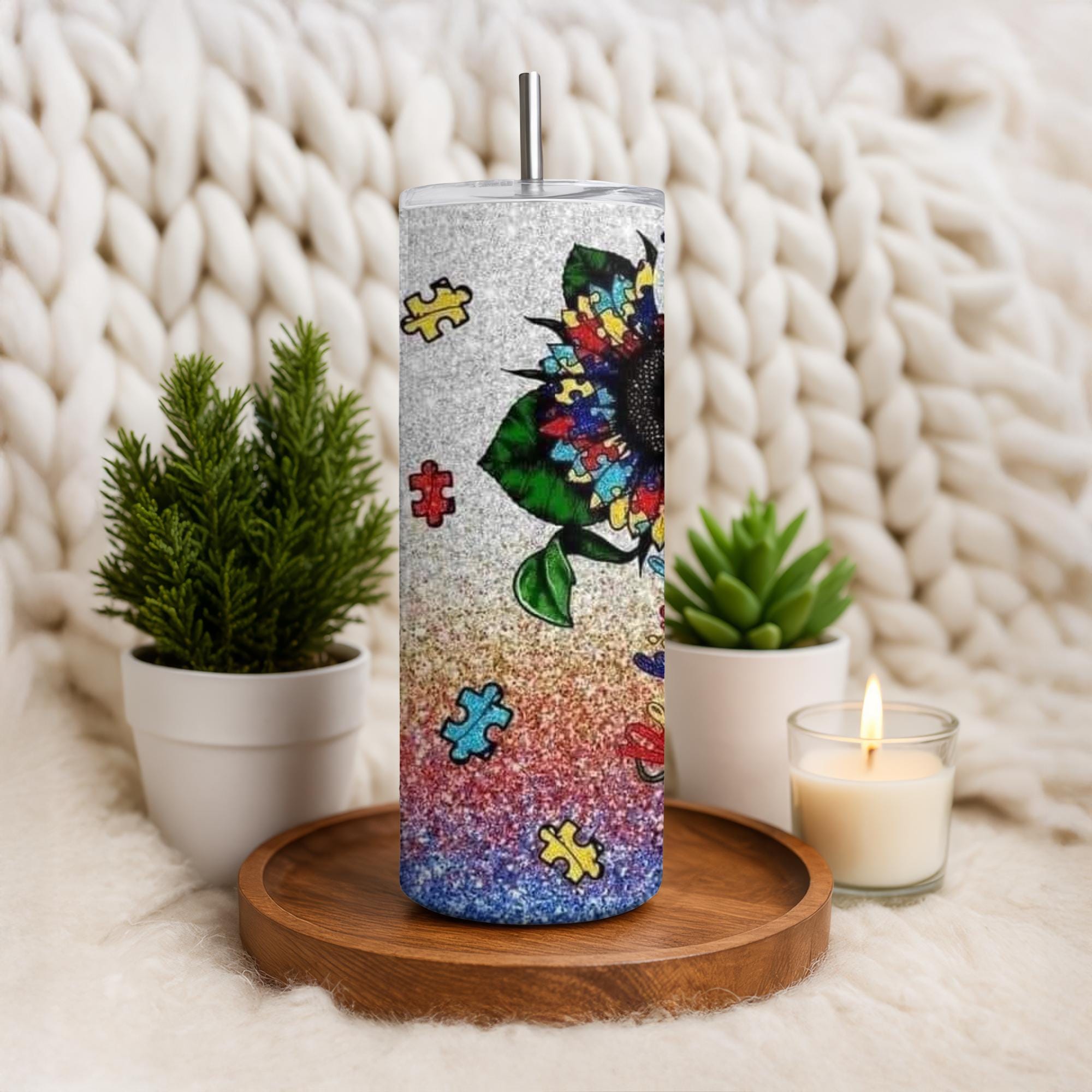 Autism Awareness Tumbler – Sunflower Puzzle Glitter Stainless Steel Mug
